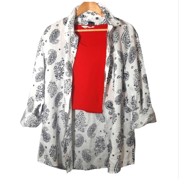 SAKS FIFTH AVENUE  BLUE 100% LINEN slim fit button front shirt Size L Paisley - Picture 3 of 16